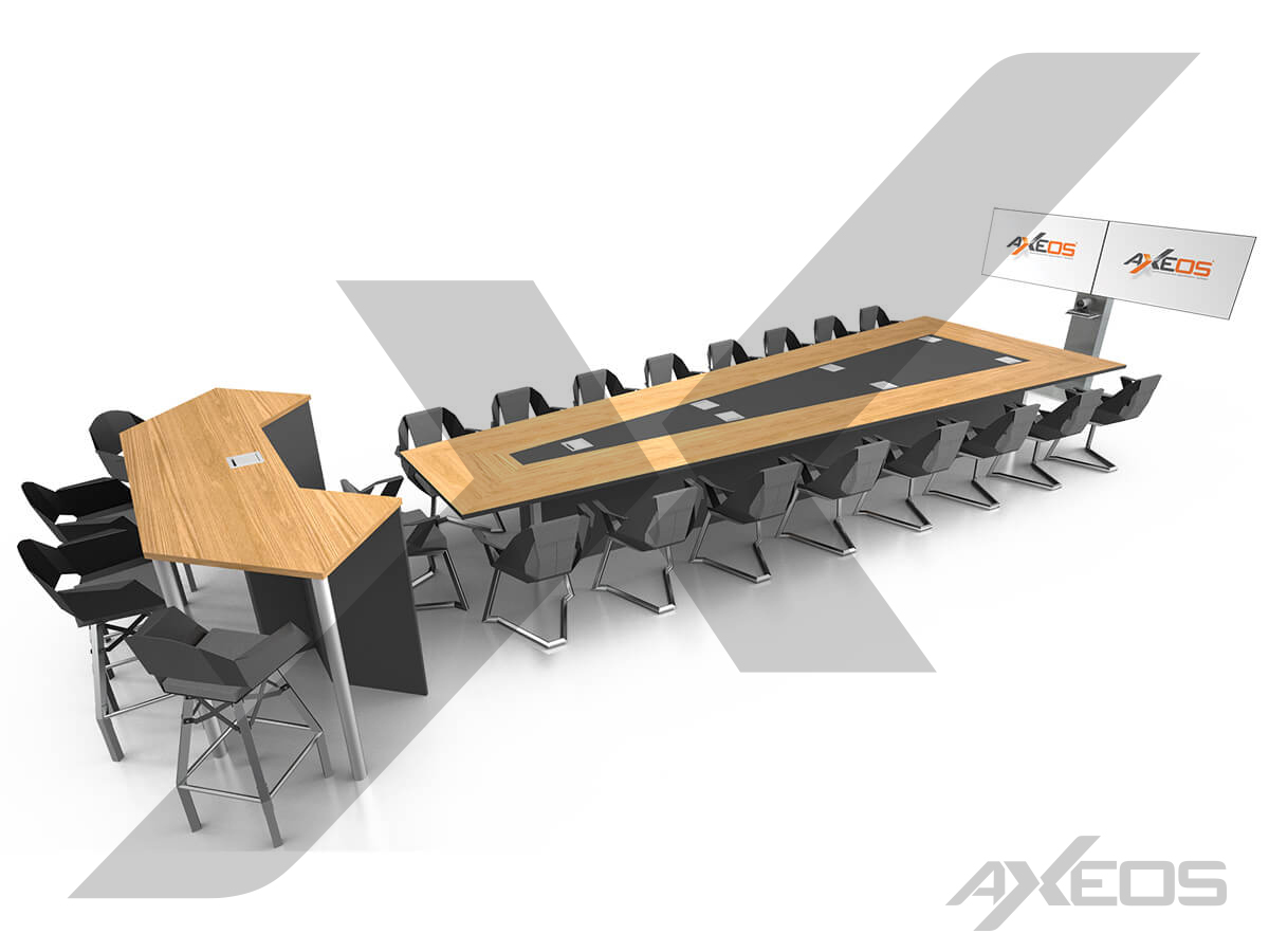 Trapezoidal table 17 people, standing height table 4 people and Xenon Dual Screen - AXEOS